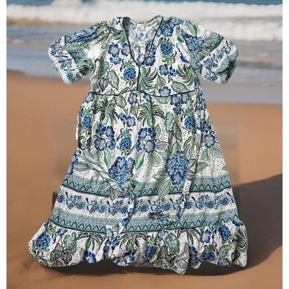 Fig & Flower Dress Linen Rayon Blend Blue Green Floral Comfort Beach Sz XL